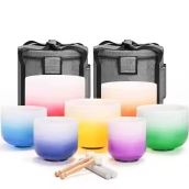 6-12 inch 7 Chakra Quartz Crystal Singing Bowl Set - Gradient Chakra Color + 2 FREE Carrying Cases