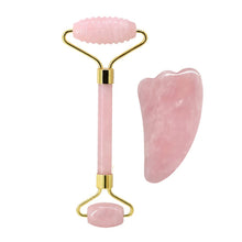 Load image into Gallery viewer, Natural Rose Quartz Eye Mask, Face Massage Roller and Scraper Set