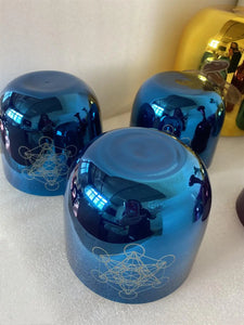 3pcs Shiny Blue Color Crystal Singing Bowl with "Metatron cube" Engravings, 432hz + FREE Mallet and O-ring