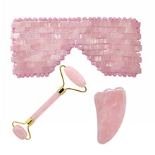 Load image into Gallery viewer, Natural Rose Quartz Eye Mask, Face Massage Roller and Scraper Set