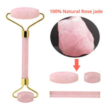 Load image into Gallery viewer, Natural Rose Quartz Eye Mask, Face Massage Roller and Scraper Set