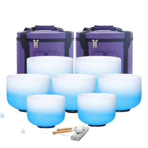 7 Blue Ombre Frosted Quartz Crystal Singing Bowls Set + 2 FREE Carrying Cases