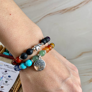 Tree of Life Elephant Aromatherapy Bracelet and 7 Chakra Stone Box Set