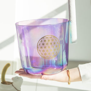 1pc 6-8 Inch Purple Flower of Life Clear Crystal Singing Bowl + Suede Mallet