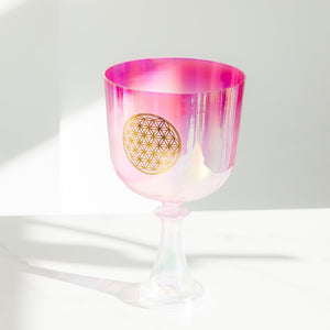 6 Inch Fancy Pink Flower of Life Clear Crystal Handle Singing Bowl + FREE Suede Mallet